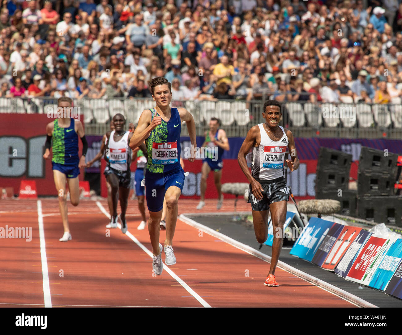 London, UK. 20th July, 2019. LONDON, ENGLAND - JULY 20: Jakob Ingebrigtsen of Norway and Hagos Gebrhiwet of Ethiopia (R) race to the finishing line in the Men's 5000m during Day One of the Muller Anniversary Games IAAF Diamond League event at the London Stadium on July 20, 2019 in London, England. Gary Mitchell/ Alamy Live News Stock Photo