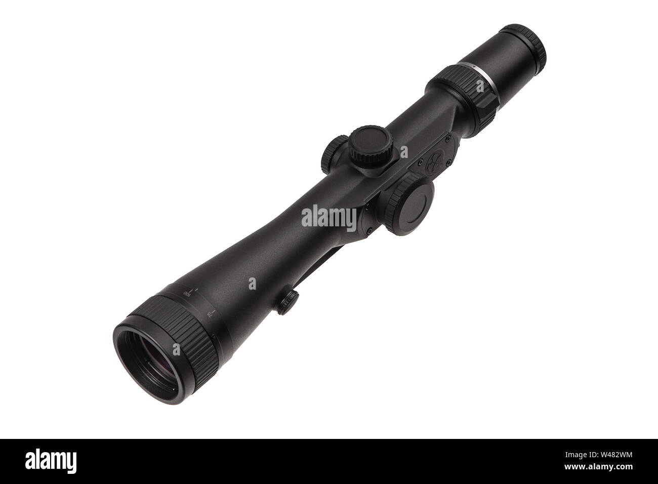 modern black optical scope for weapon isolated on white. sight scope isolated on white background Stock Photo