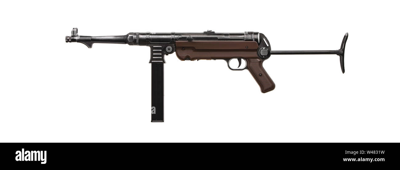 Vintage submachine gun from the Second World War. Weapon isolate on white background Stock Photo