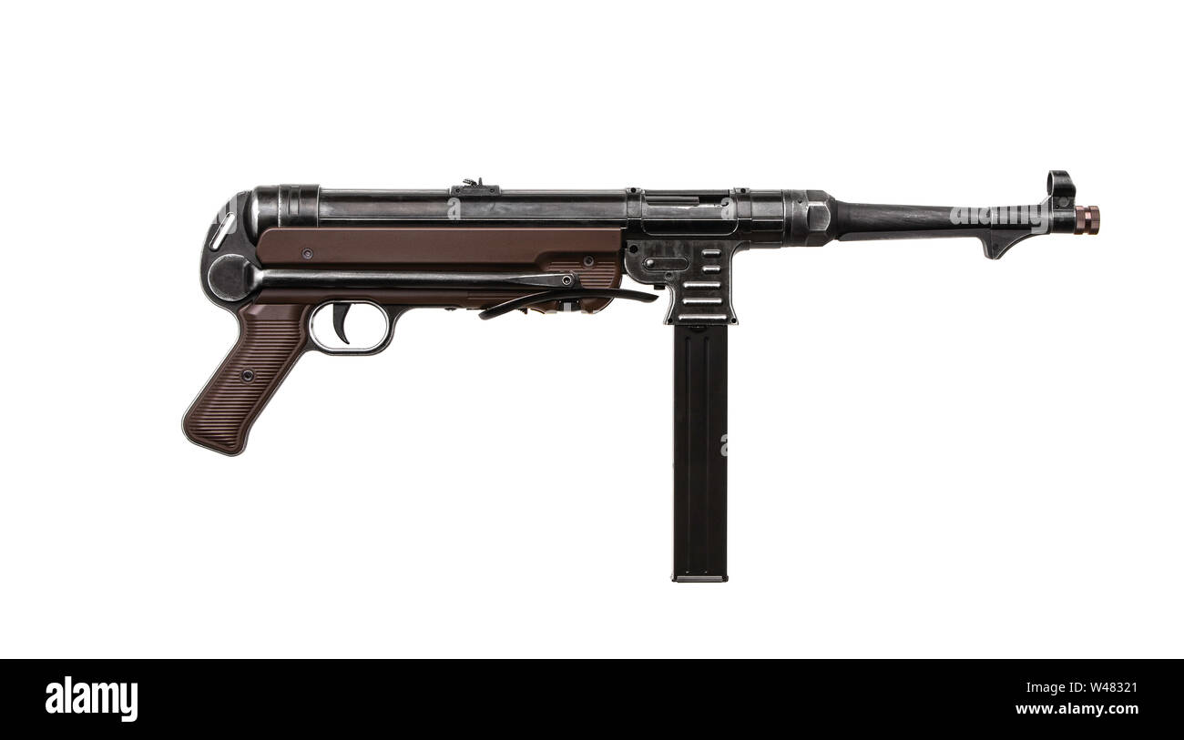 Vintage submachine gun from the Second World War. Weapon isolate on white background Stock Photo