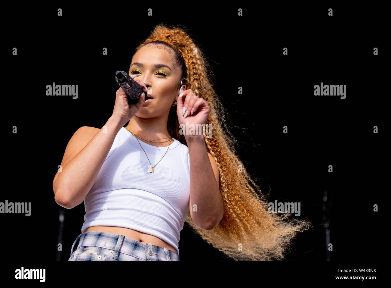 Liverpool, UK. July 20, 2019. English singer and Brit award winner, Ella Eyre, performing in front of a sell-out crowd at the Liverpool International Music Festival (LIMF) in Sefton Park in Liverpool, north west England on Saturday, July 20, 2019. Credit: Christopher Middleton/Alamy Live News Stock Photo