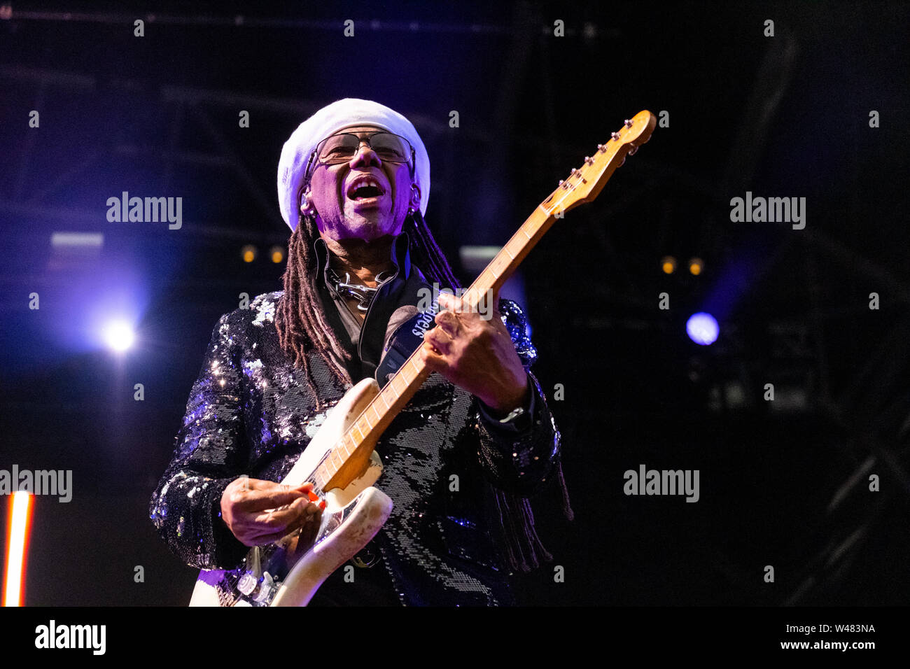 Liverpool, UK. July 20, 2019. Three-time Grammy Award winner, Nile Rodgers & Chic, performing in front of a sell-out crowd at the Liverpool International Music Festival (LIMF) in Sefton Park in Liverpool, north west England on Saturday, July 20, 2019. Credit: Christopher Middleton/Alamy Live News Stock Photo