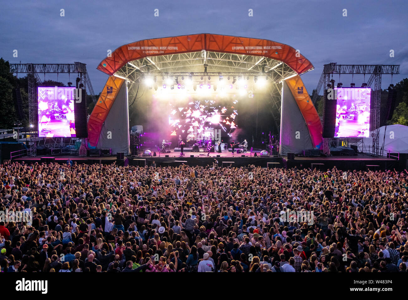 Liverpool, UK. July 20, 2019. Nile Rodgers & Chic performing in front of a sell-out crowd at the Liverpool International Music Festival (LIMF) in Sefton Park in Liverpool, north west England on Saturday, July 20, 2019. Credit: Christopher Middleton/Alamy Live News Stock Photo