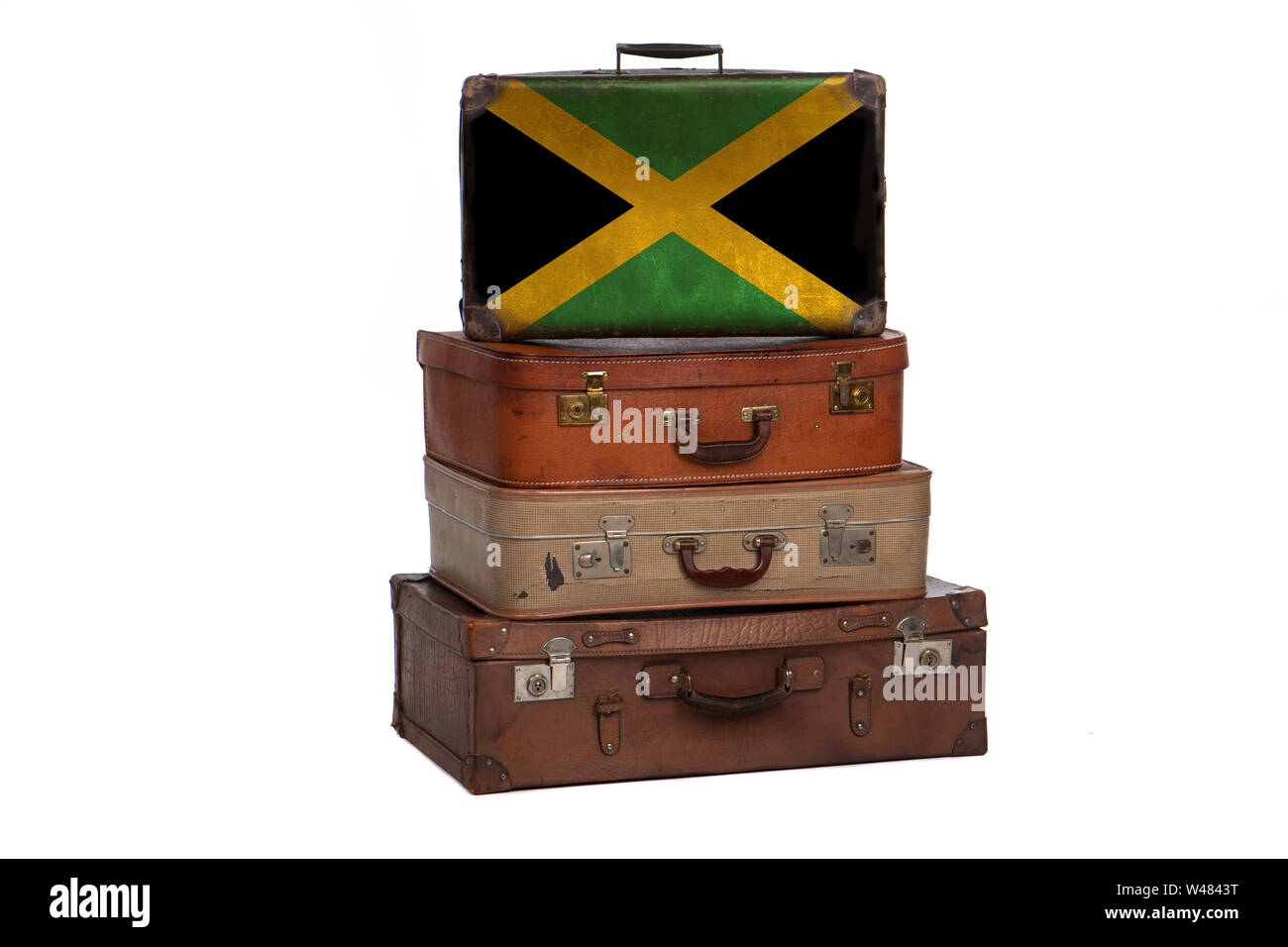 Jamaica, Jamaican travel concept. Group of vintage suitcases isolated