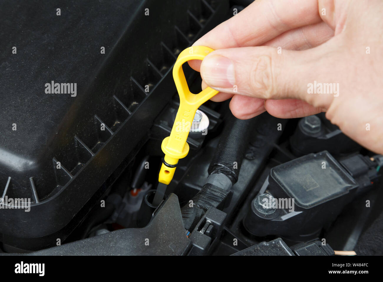 Hand holding a dipstick to check the oil level in a car engine. Stock Photo