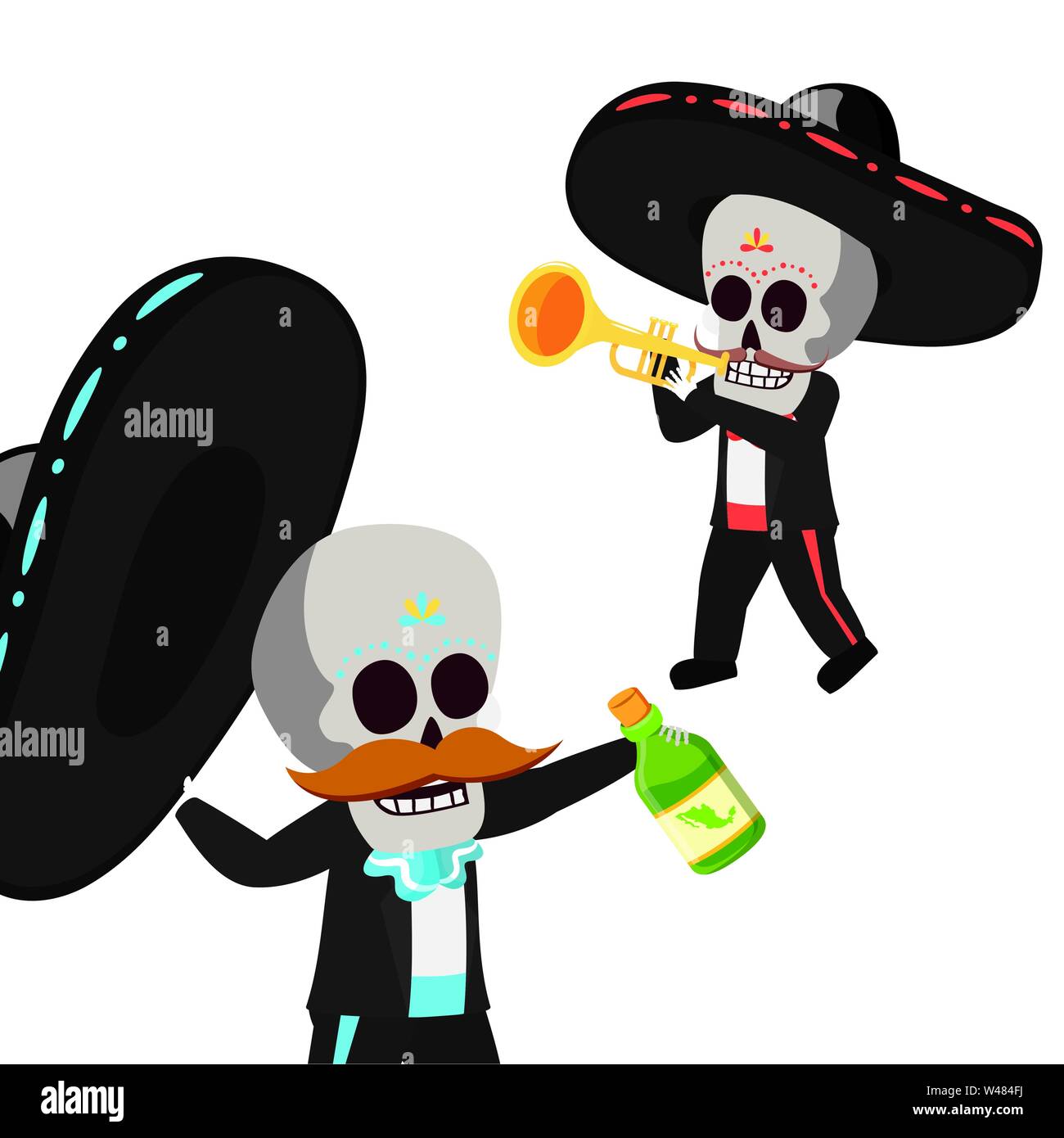 mexican skulls mariachis with trumpet and tequila bottle Stock Vector