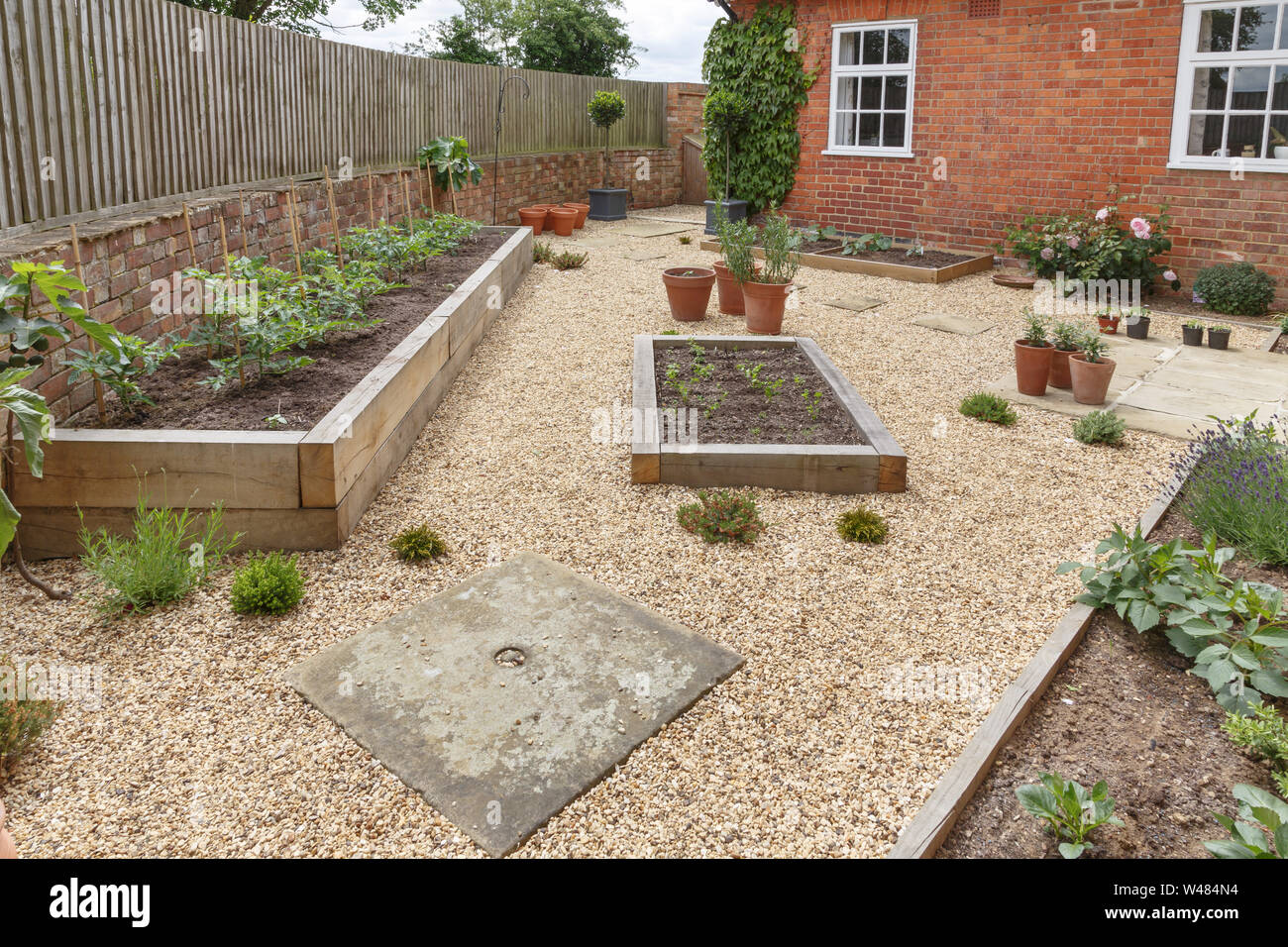 Oak sleeper raised beds in a courtyard garden design with hard landscpaing, gravel and terracotta pots Stock Photo