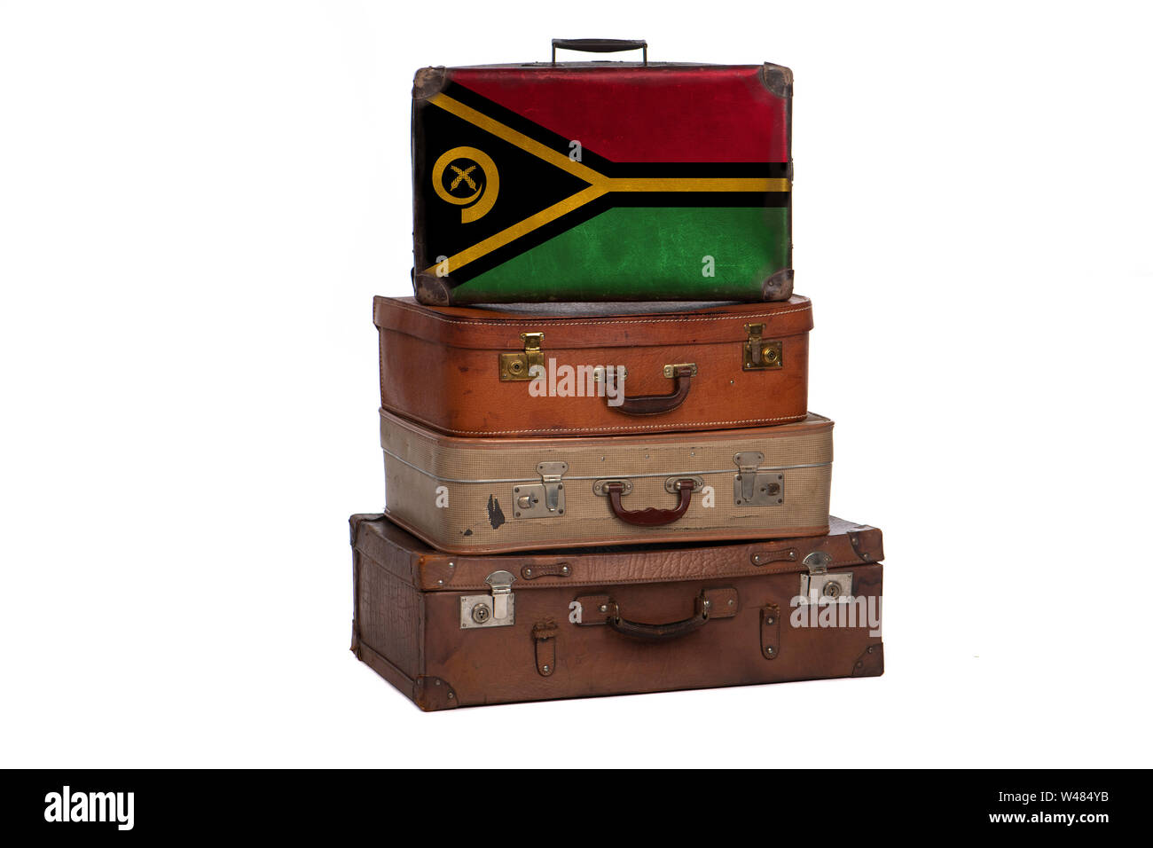 Vanuatu travel concept. Group of vintage suitcases isolated on white background Stock Photo