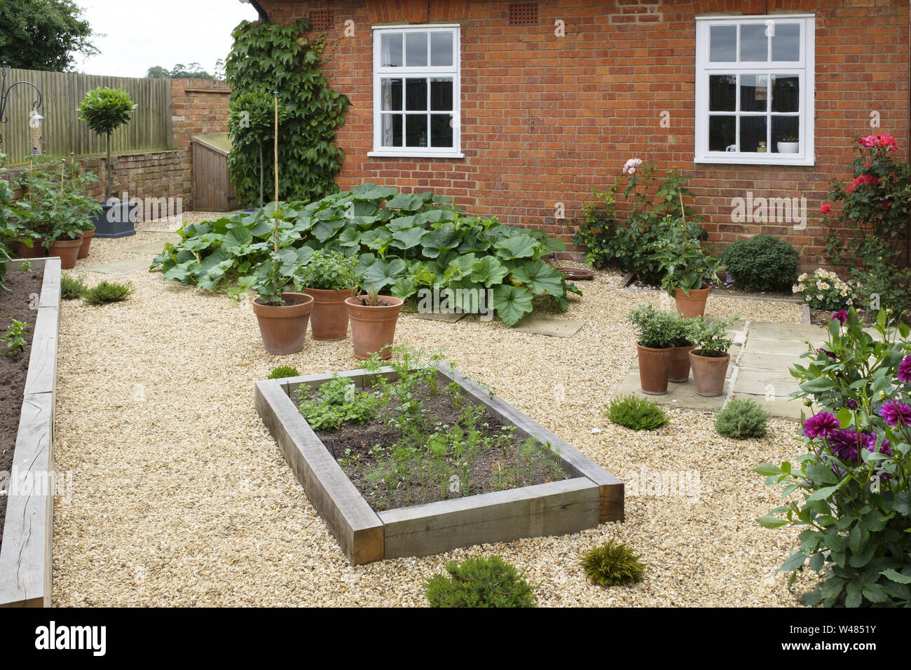 Gravel vegetable garden or back yard with wooden raised beds made from oak sleepers Stock Photo