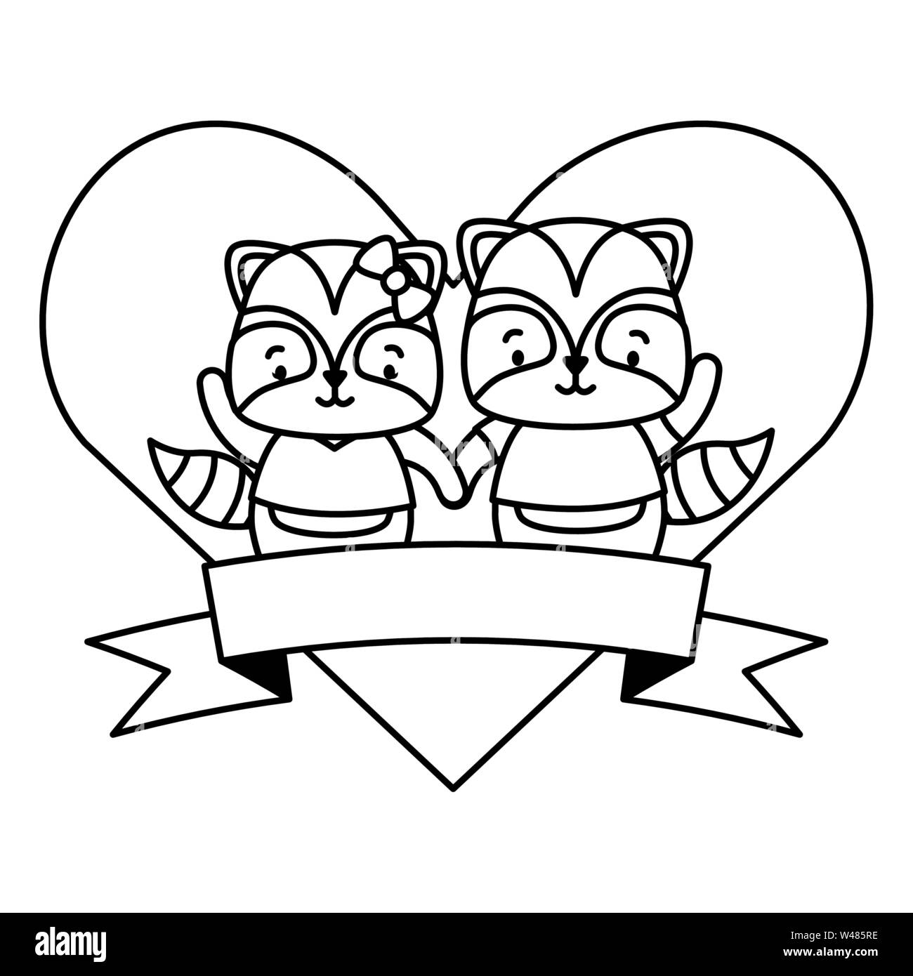 cute couple raccoon animals heart love ribbon Stock Vector Image & Art ...
