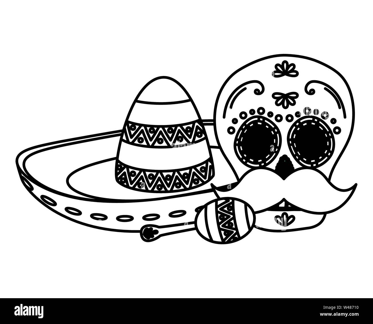 day of the dead skull mask with mexican hat and maracas Stock Vector ...