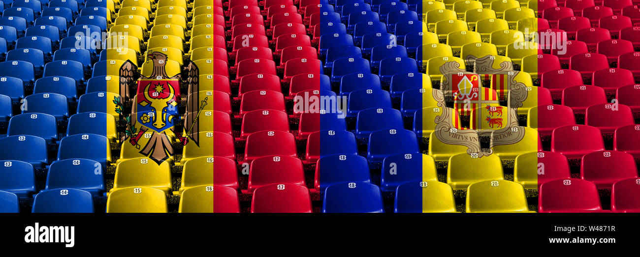Moldova, Moldovan, Andorra, Andorran stadium seats concept. European football qualifications games. Stock Photo