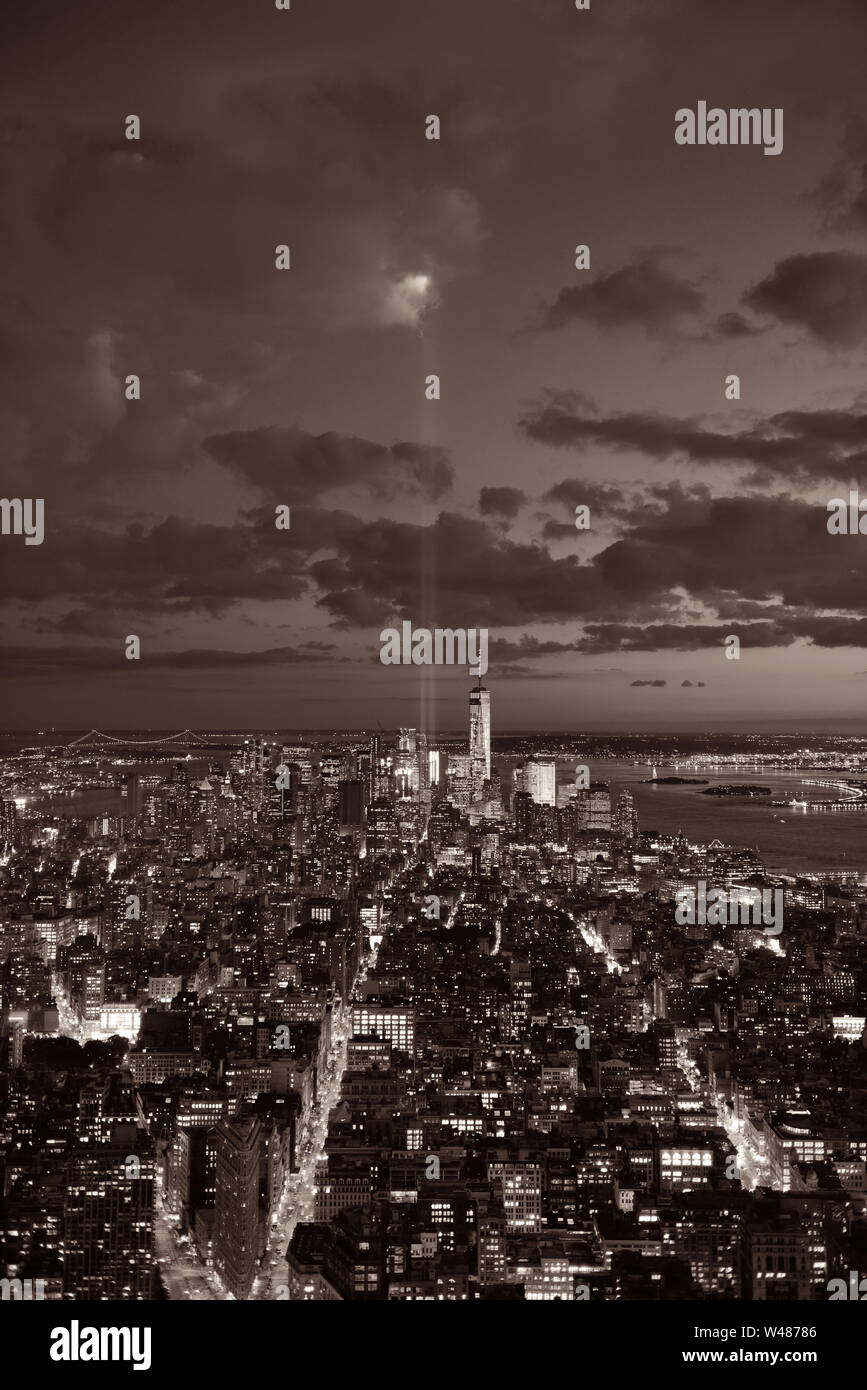 New York City downtown skyline view at night with September 11 tribute ...