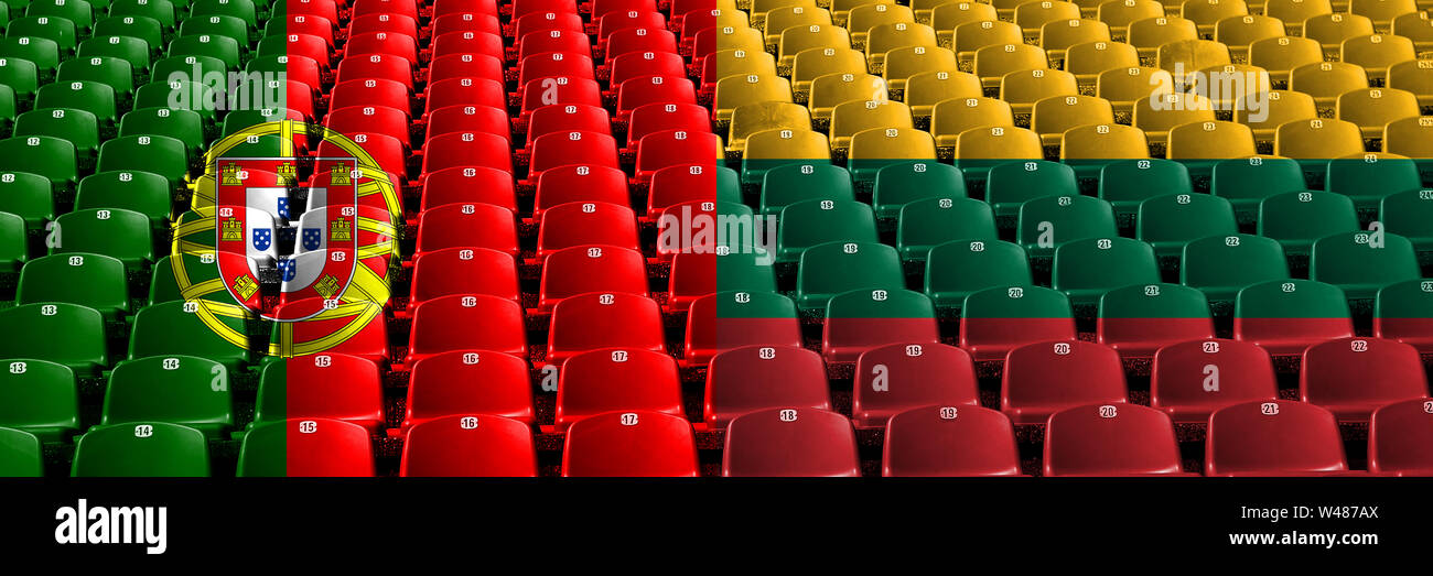 Portugal, Lithuania stadium seats concept. European football qualifications games. Stock Photo