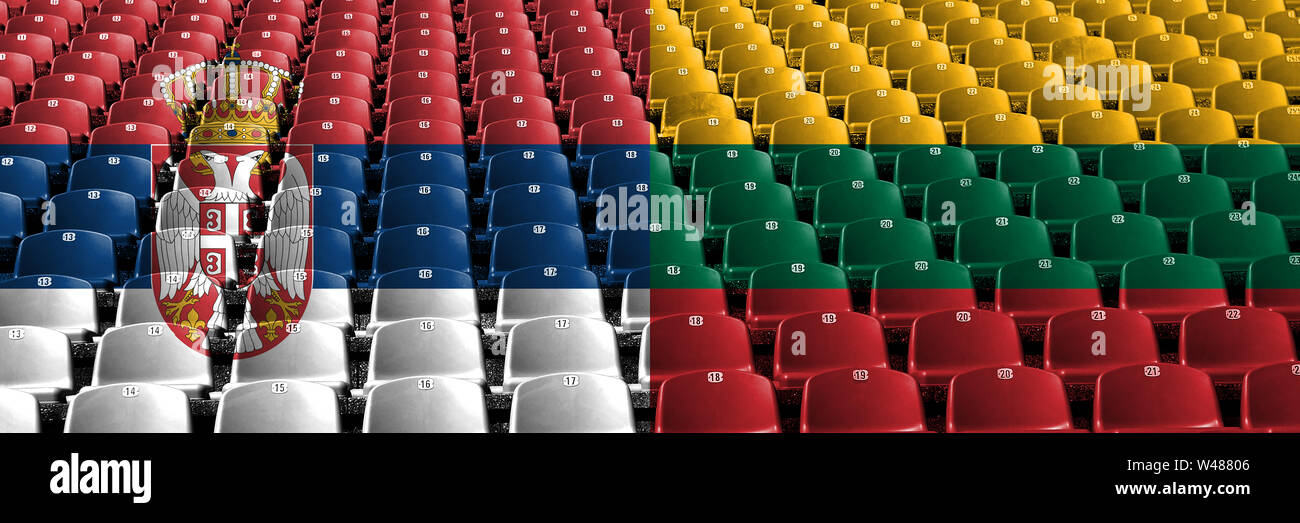 Serbia, Lithuania stadium seats concept. European football qualifications games. Stock Photo