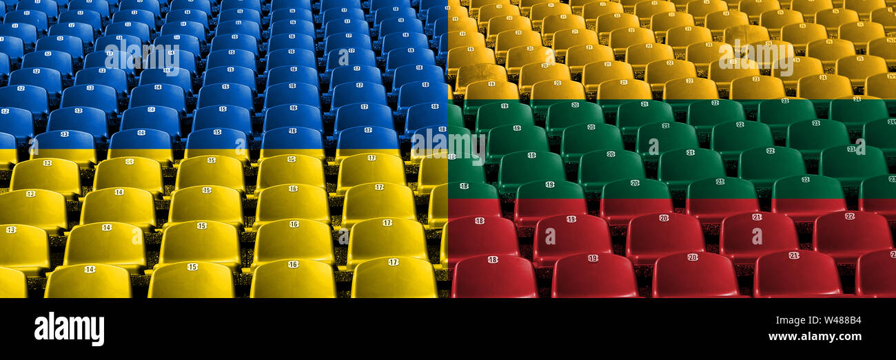 Ukraine, Lithuania stadium seats concept. European football qualifications games. Stock Photo