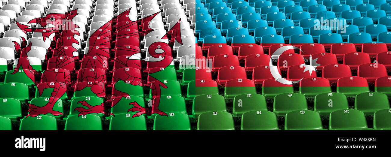 Wales, Welsh, Azerbaijan stadium seats concept. European football qualifications games. Stock Photo
