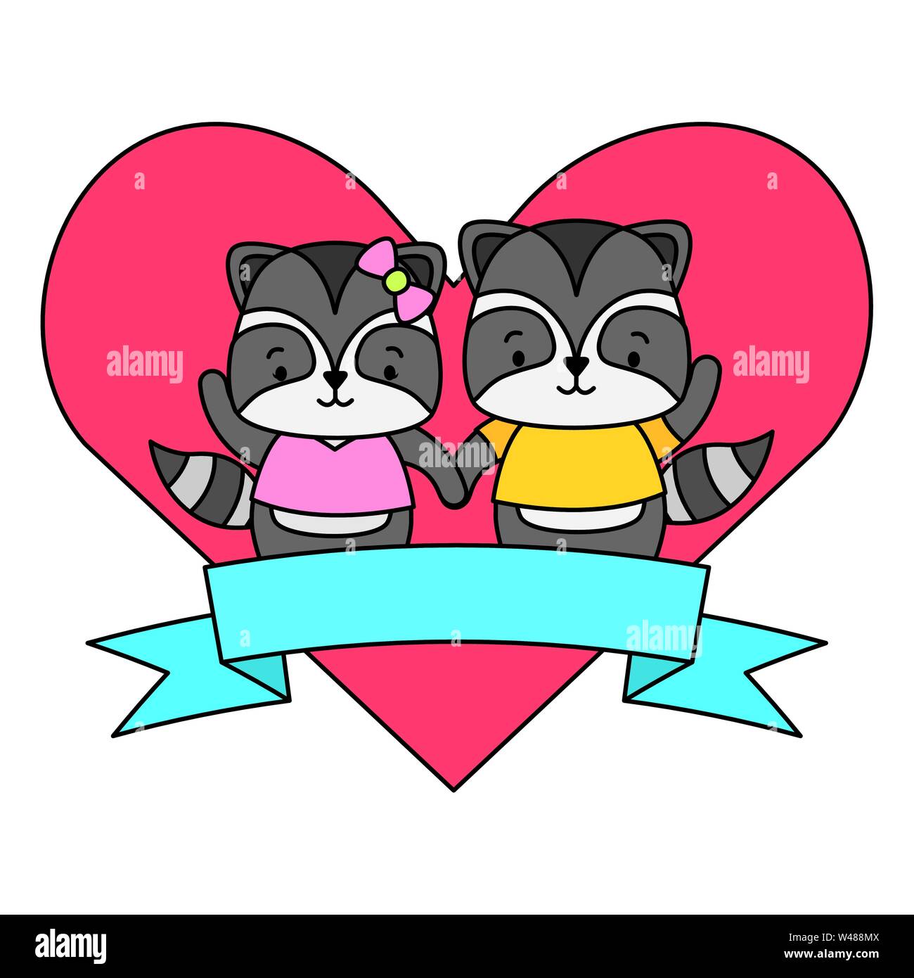 cute couple raccoon animals heart love ribbon Stock Vector Image & Art ...