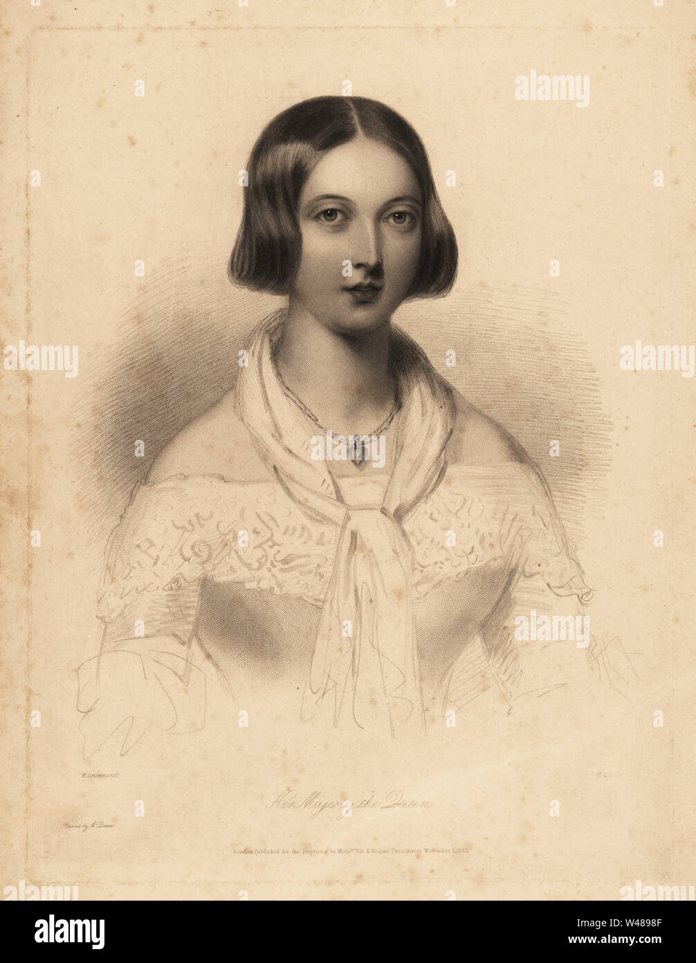Young Queen Victoria, early 20s. Steel stipple engraving by William Henry Mote after an illustration by William Drummond from Charles Heath’s English Pearls, or Portraits for the Boudoir, Tilt and Bogue, London, 1843. Stock Photo