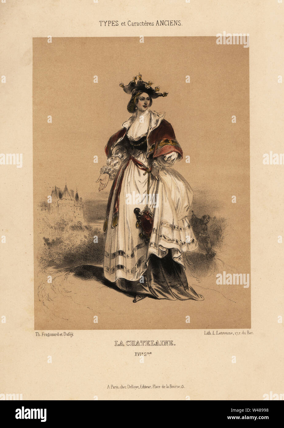La Chatelaine, 16th century. Dutch woman wearing a chatelaine belt clasp with purse, keys, etc., hanging from it. The chatelaine was a fashion item in Zeeland in the 16th century. Chromolithograph by Louis Rene Letronne after an illustration by Th. Fragonard et Dufey from Le Keepsake Francais with 12 plates from A. Mazuy’s Types et Caracteres Anciens, d’apres des Documents Peints ou Ecrits, chez Delloye, Paris, 1841. Stock Photo