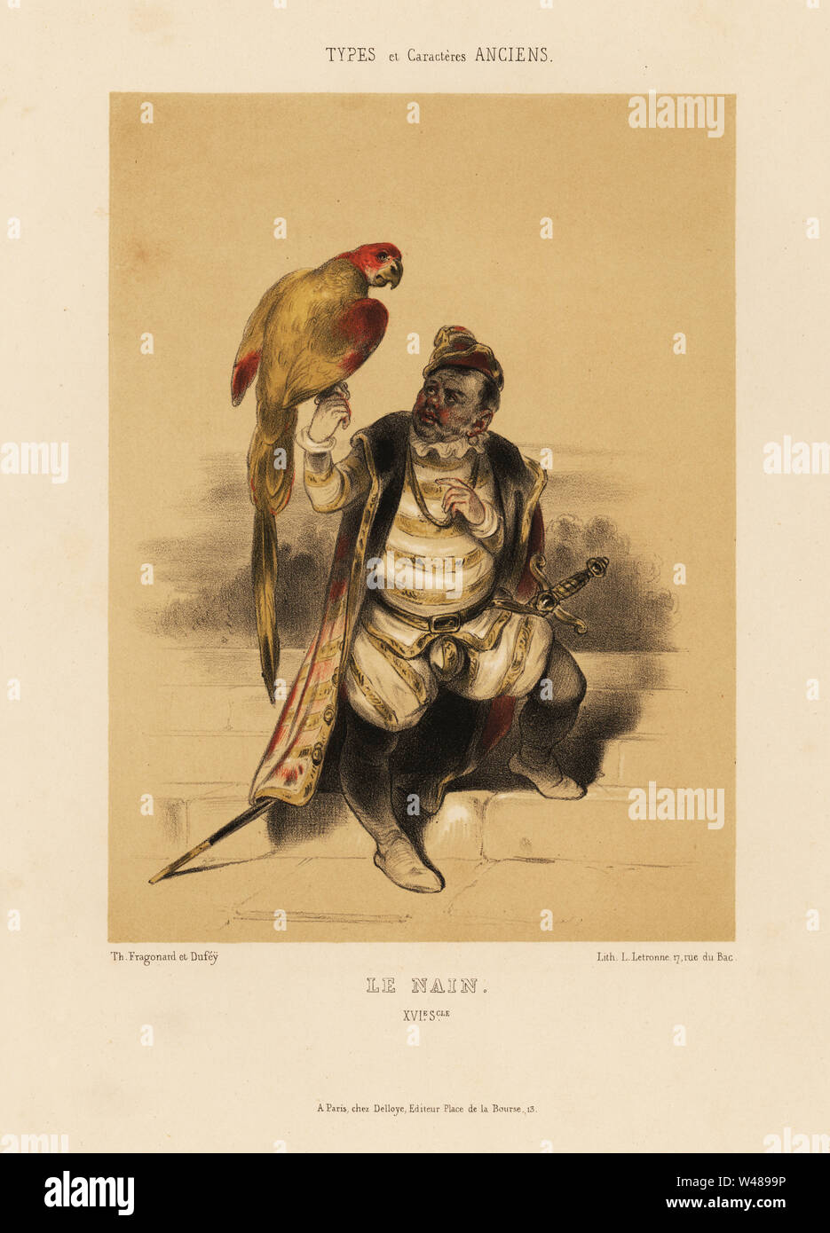 Midget with parrot, le Nain, 16th century. Court performer in hat, striped doublet, cape and codpiece, with sword and large exotic bird. Chromolithograph by Louis Rene Letronne after an illustration by Th. Fragonard et Dufey from Le Keepsake Francais with 12 plates from A. Mazuy’s Types et Caracteres Anciens, d’apres des Documents Peints ou Ecrits, chez Delloye, Paris, 1841. Stock Photo