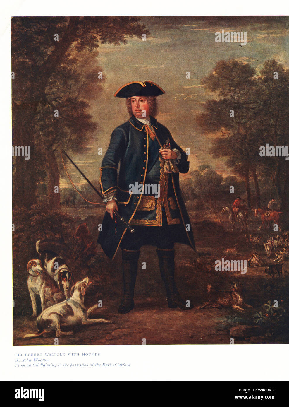 Sir Robert Walpole with hounds, a fox hunt in the background. Color print from an illustration by John Wootton in Ralph Nevill’s Old Sporting Prints, The Connoisseur Magazine, London, 1908. Stock Photo
