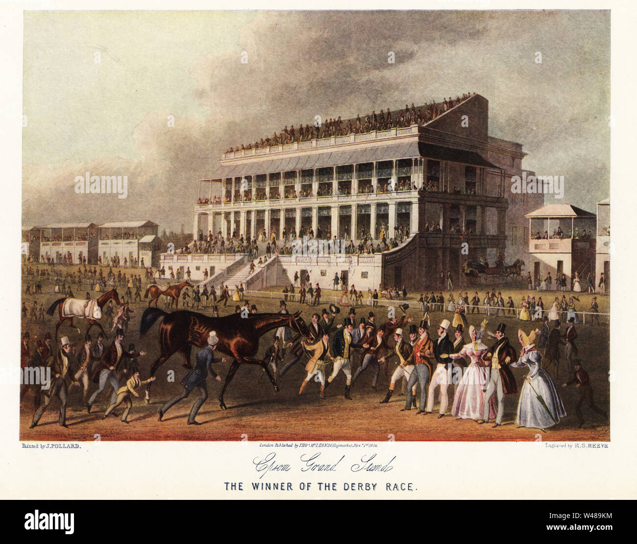 Bay Middleton, winner of the Derby 1836, being led to the paddock at Epsom Racecourse in front of fashionable crowds in the Grand Stand. Color print after an engraving by R.G. Reeve from a painting by James Pollard in Ralph Nevill’s Old Sporting Prints, The Connoisseur Magazine, London, 1908. Stock Photo
