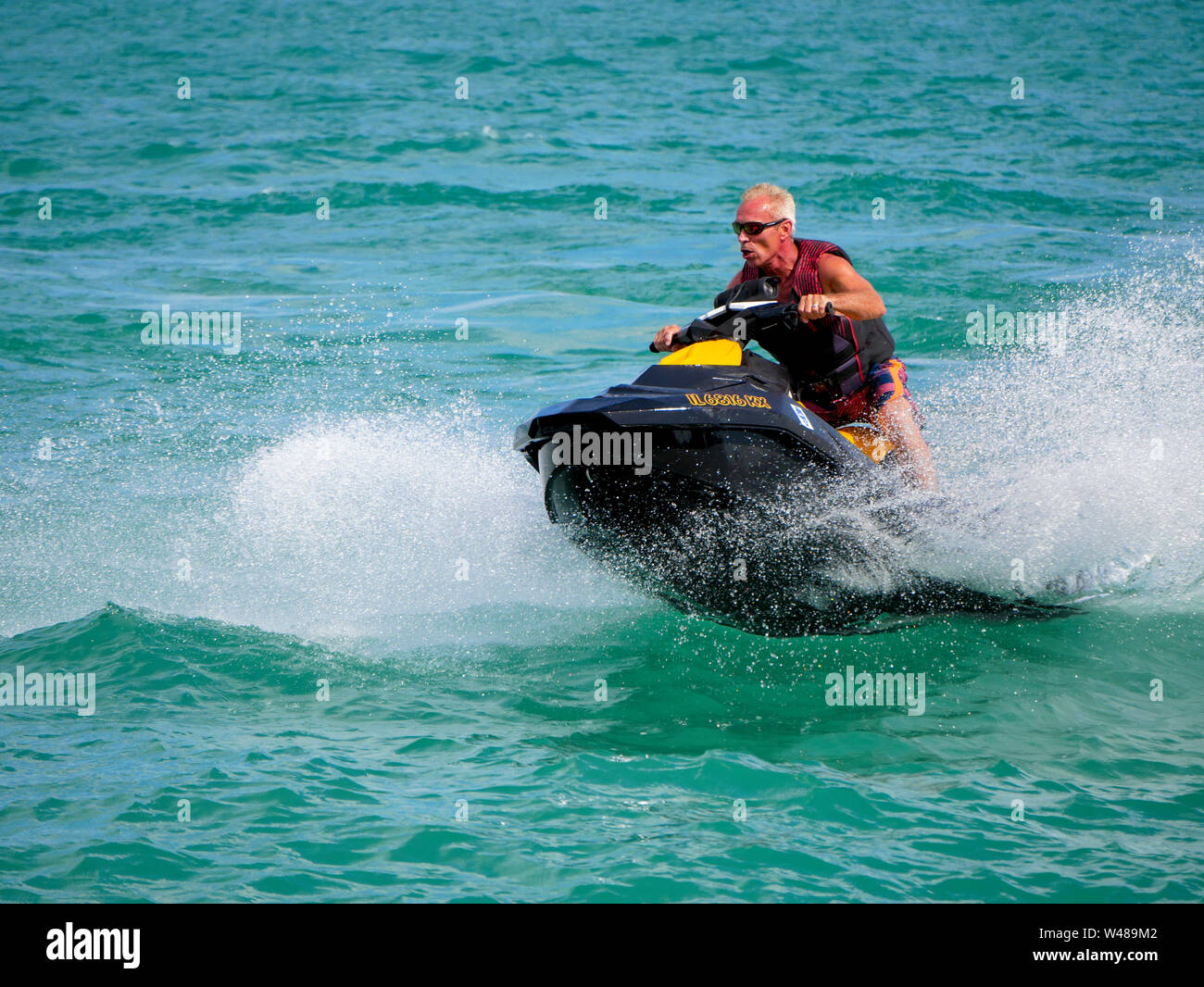 Man riding personal watercraft view from Navy Pier, Chicago, Illinois. Stock Photo