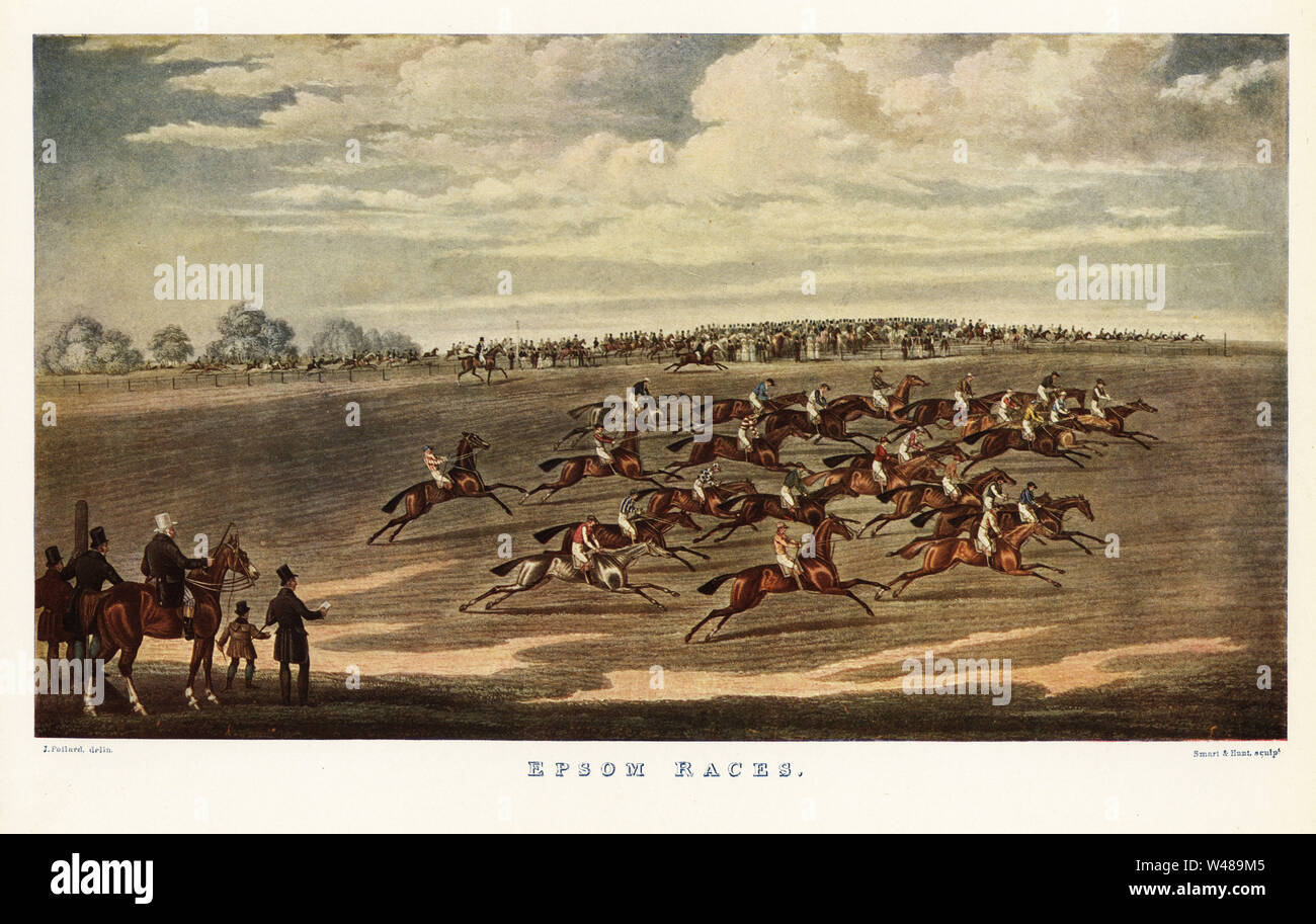 Horses and jockeys racing at Epsom racecourse, 1830s. And they’re off! Group of thoroughbred horses galloping across a field. Color print after an engraving by Smarl & Hunt from an illustration by James Pollard in Ralph Nevill’s Old Sporting Prints, The Connoisseur Magazine, London, 1908. Stock Photo