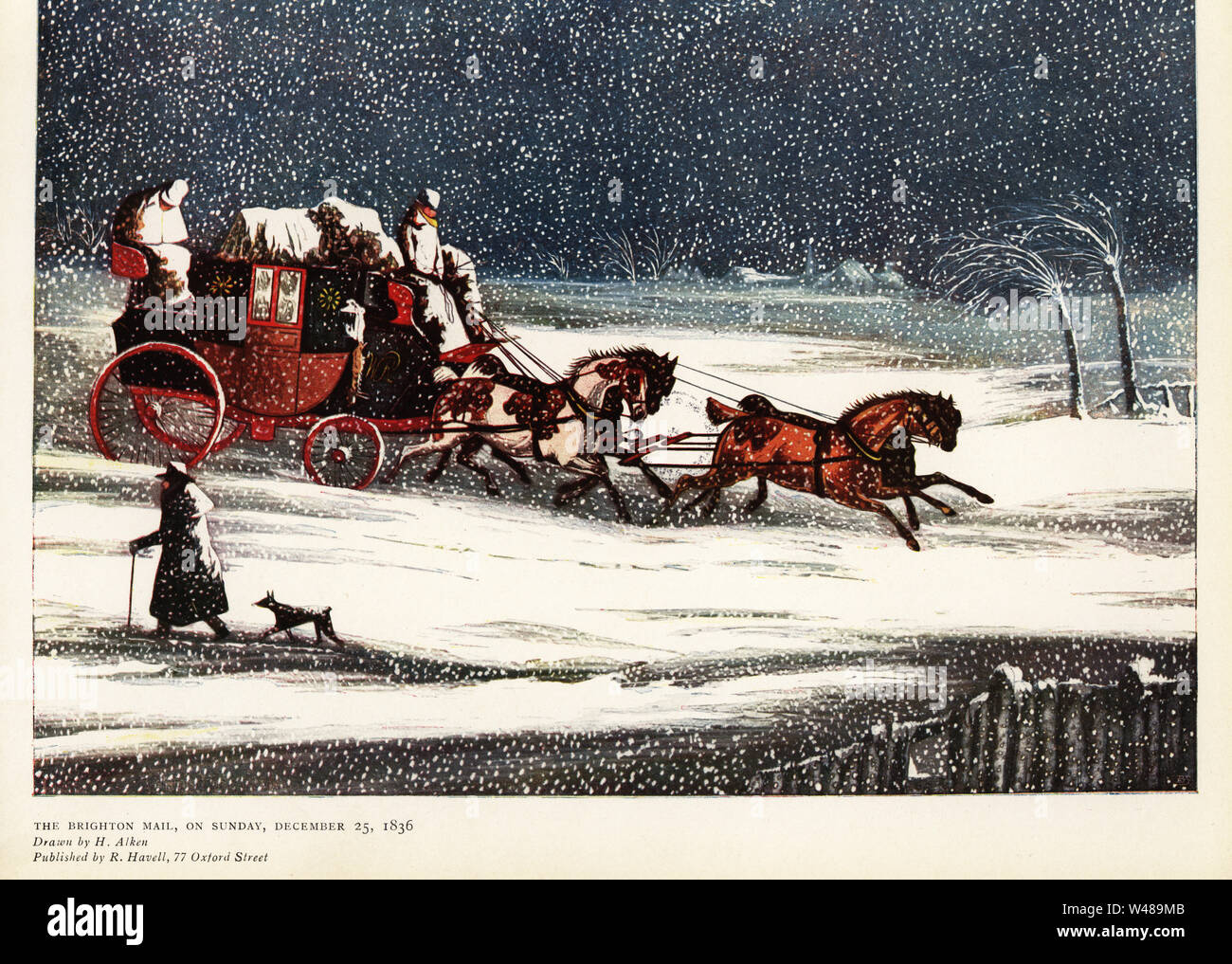 The Brighton mail coach driving in a snow storm on Sunday December 25, 1836. Color print after an illustration by Henry Alken in Ralph Nevill’s Old Sporting Prints, The Connoisseur Magazine, London, 1908. Stock Photo