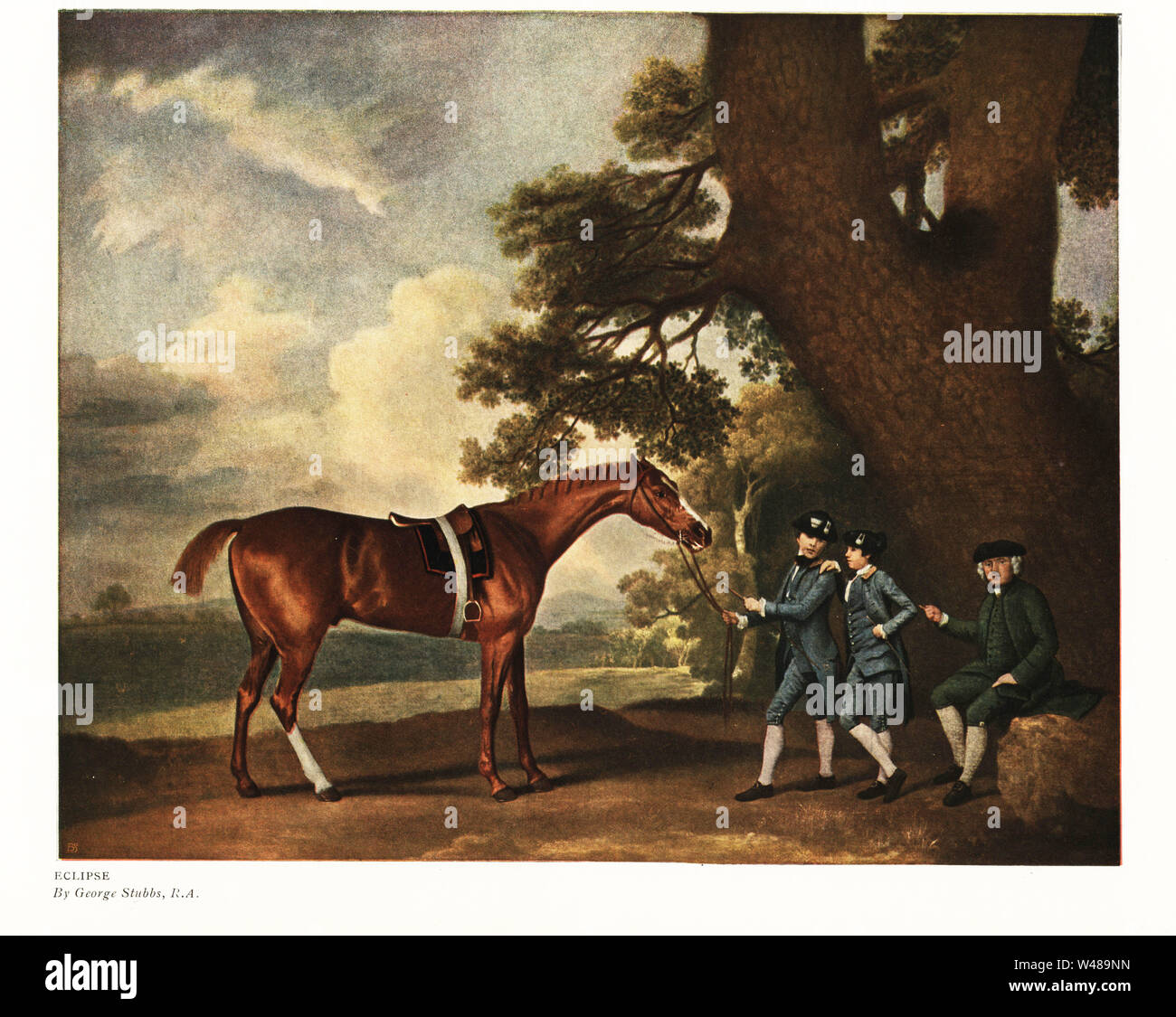 Eclipse, winner of 18 races. Portrait of the champion thoroughbred horse with grooms and trainer. From Stubbs Turf Gallery, 1796. Color print after a painting by George Stubbs in Ralph Nevill’s Old Sporting Prints, The Connoisseur Magazine, London, 1908. Stock Photo