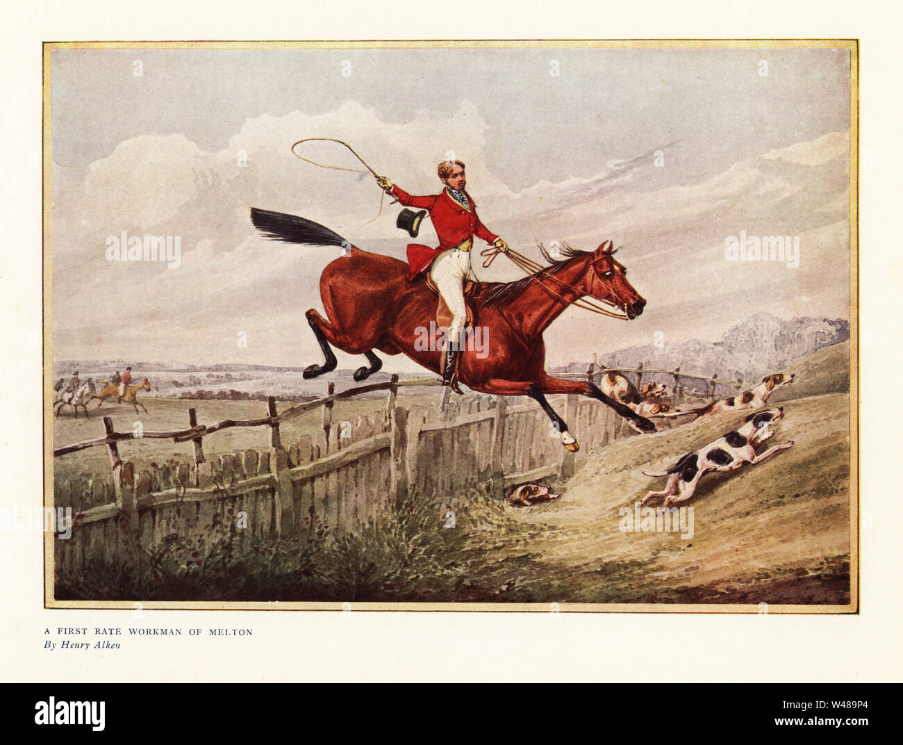 A first rate workman of Melton. Fox hunter in scarlet jacket on horseback jumping over a fence, while fox hounds run alongside, 1837. Color print after a drawing by Henry Alken in Ralph Nevill’s Old Sporting Prints, The Connoisseur Magazine, London, 1908. Stock Photo