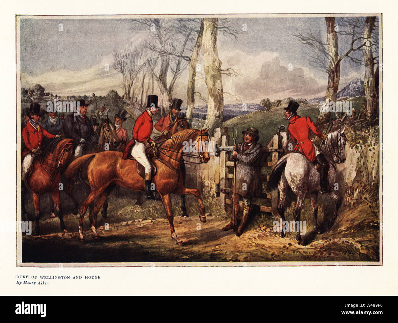 The Duke of Wellington and Hodge. Arthur Wellesley, the victor of Waterloo, talking to groundkeeper Hodge during a fox hunt. Color print after a drawing by Henry Alken in Ralph Nevill’s Old Sporting Prints, The Connoisseur Magazine, London, 1908. Stock Photo