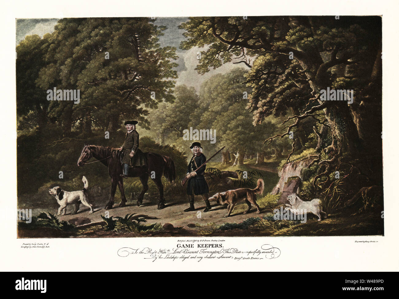 Game keepers. Estate workers in a park with fox hounds and horse, 18th century. Painted by George Stubbs, landscape by Amos Green, engraved bby Henry Birche. Color print in Ralph Nevill’s Old Sporting Prints, The Connoisseur Magazine, London, 1908. Stock Photo