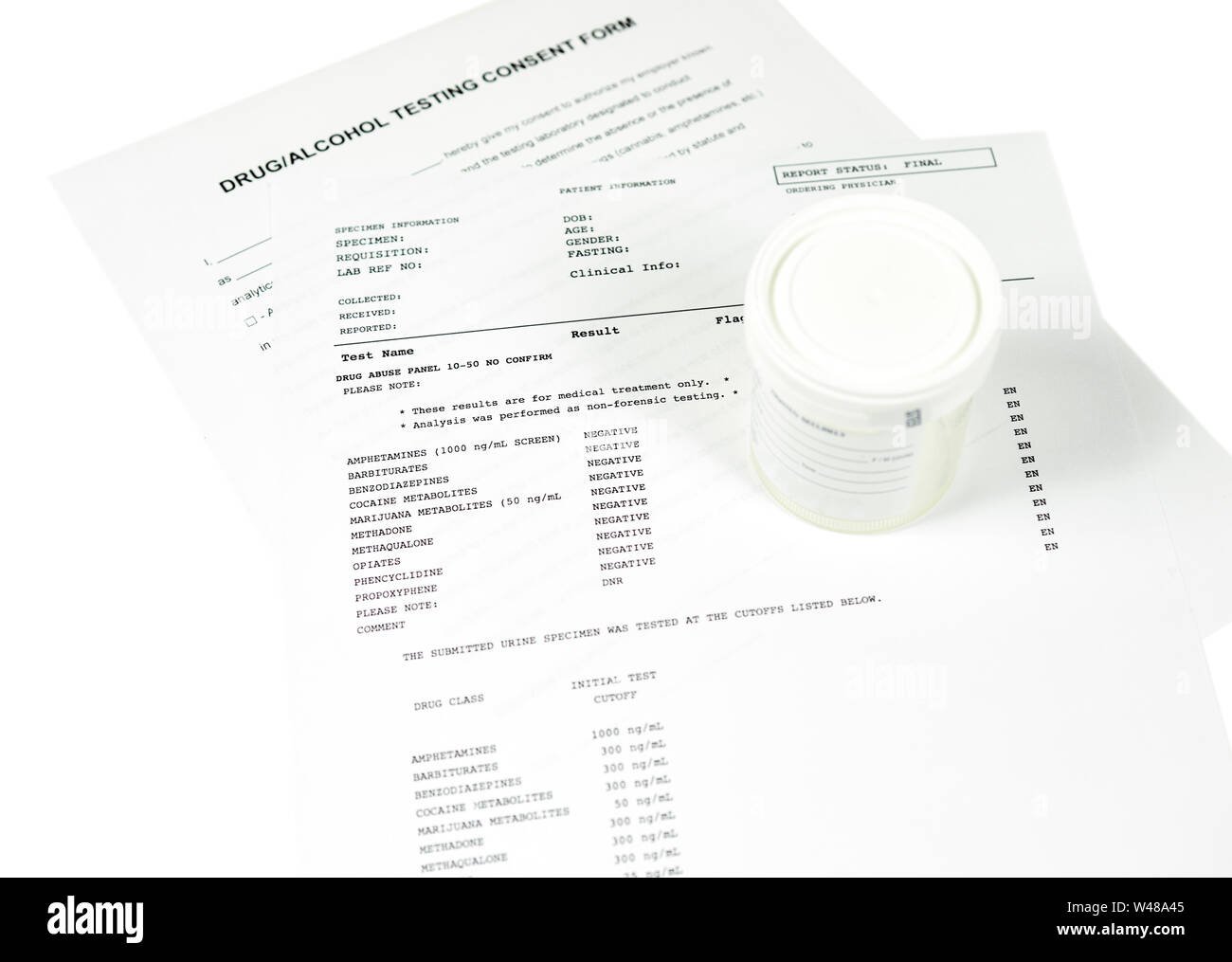 Drug and alcohol testing consent form with results from a drug abuse