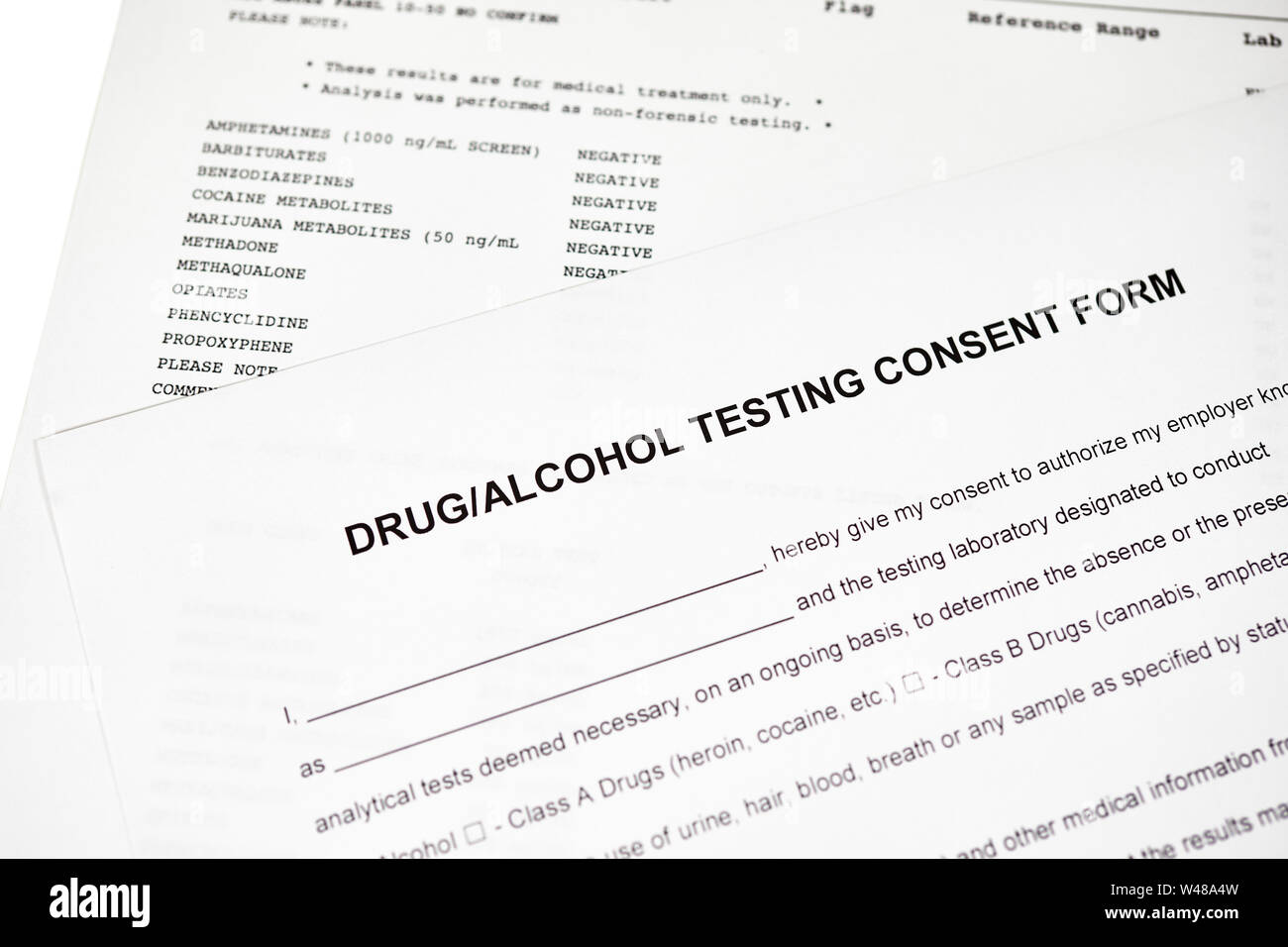 Drug and alcohol testing consent form with results from a drug abuse