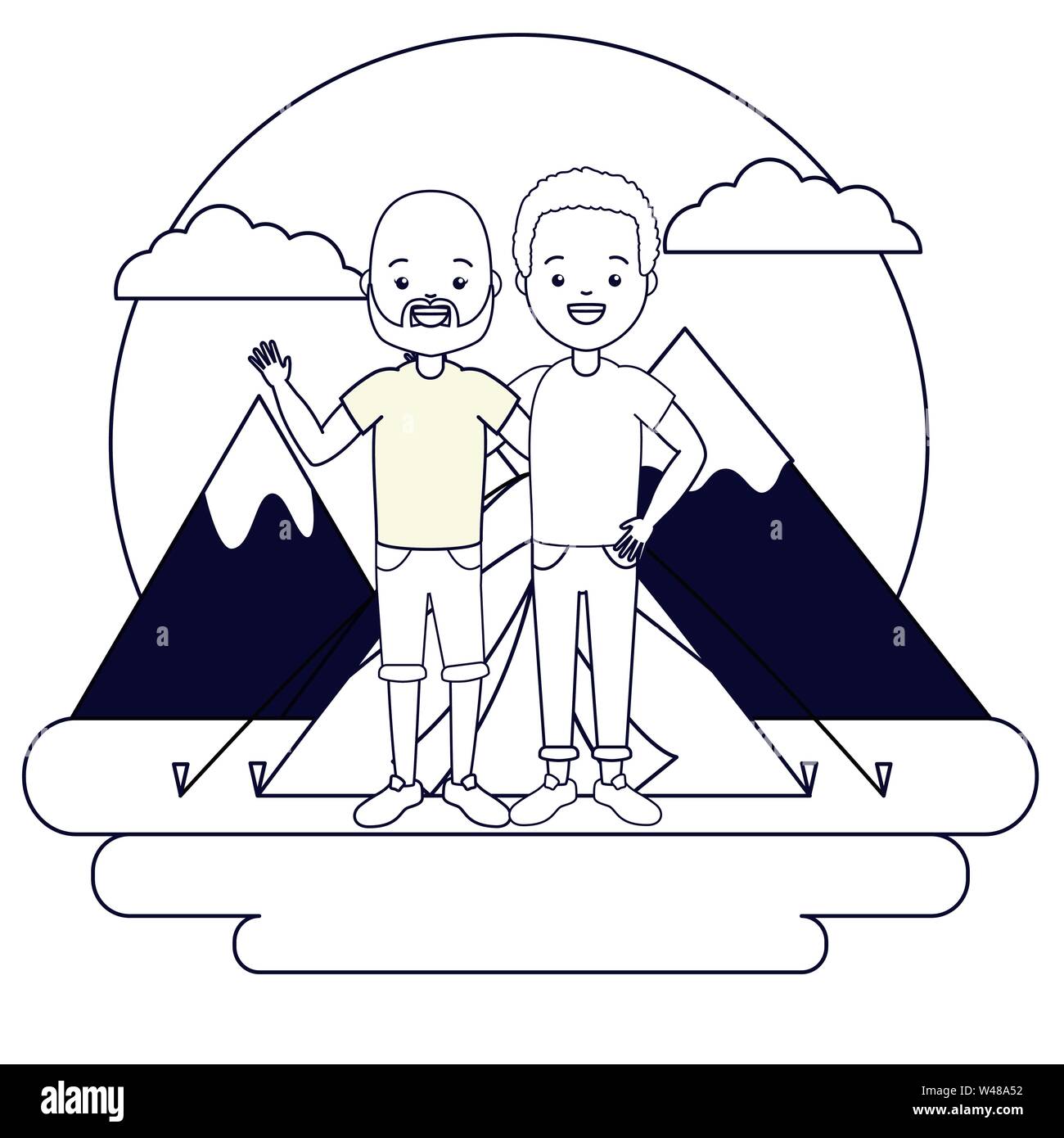 two men camping tent mountains landscape Stock Vector