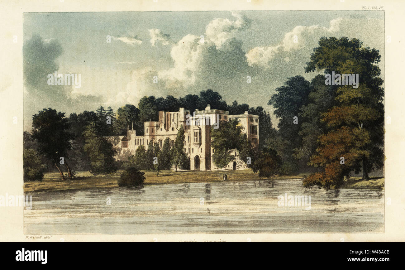 Guy’s Cliff, Warwickshire, the seat of slave owner Bertie Greatheed. Handcoloured copperplate engraving after an illustration by W. Westall from Rudolph Ackermann’s Repository of Arts, London, 1826. Stock Photo