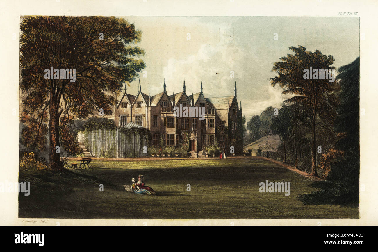 North Court, Isle of Wight, the seat of Mrs. Bennet, sister to Isabella Percy, Countess of Beverley. Jacobean mansion with gardens. Handcoloured copperplate engraving after an illustration by John Gendall from Rudolph Ackermann’s Repository of Arts, London, 1826. Stock Photo
