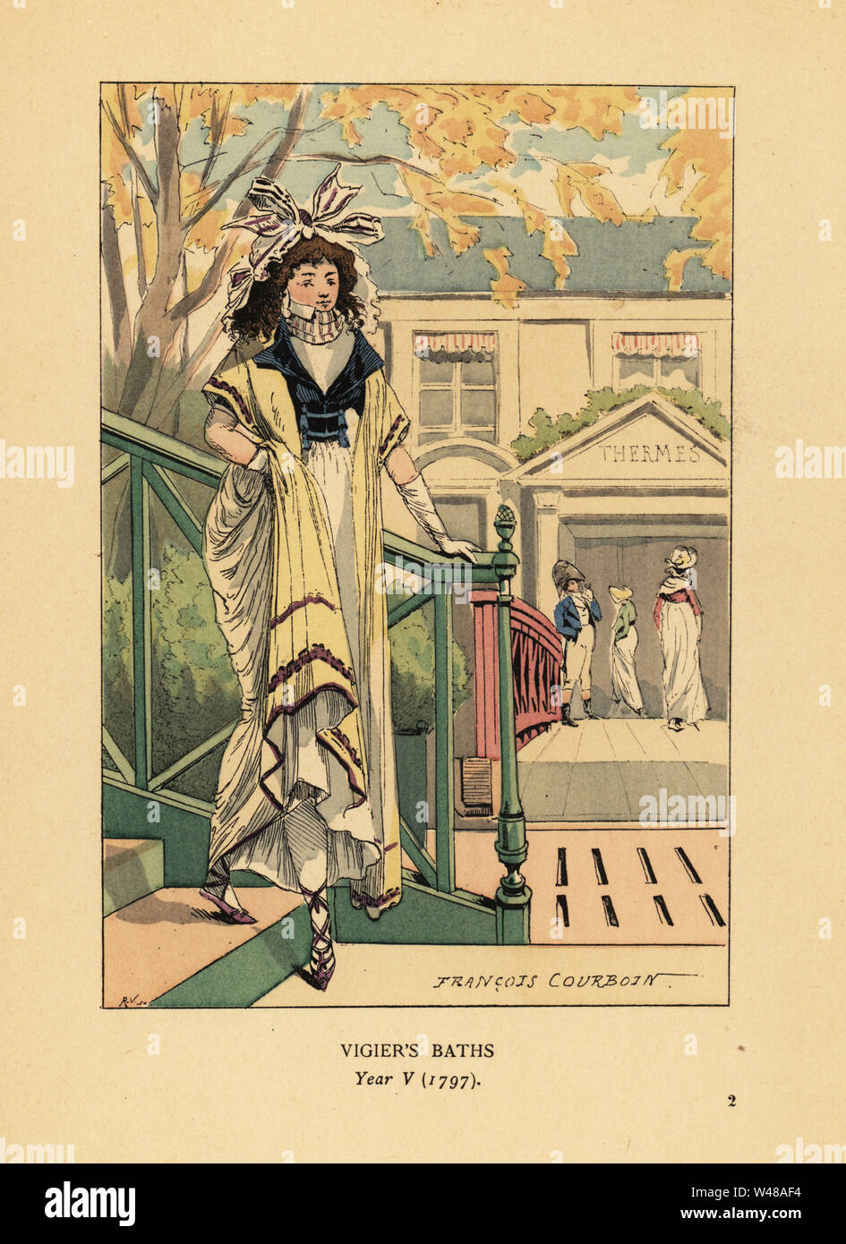 Fashionable woman or Merveilleuse in front of the Bains Vigier or Vigier's  thermal baths on the banks of the River Seine, Year V, 1797. Handcoloured  lithograph by R.V. after an illustration by