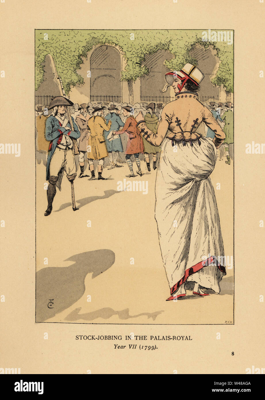 Fashionable woman with a group of speculators or agioteurs, Paris. A one-legged Revolutionary soldier stands guard. Stock jobbing at the Palais Royal, Year VII, 1799. Handcoloured lithograph by R.V. after an illustration by Francois Courboin from Octave Uzanne’s Fashion in Paris, William Heinemann, London, 1898. Stock Photo