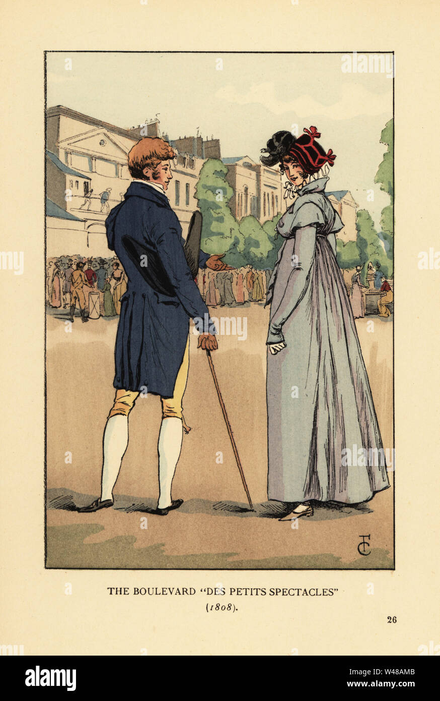 Fashionable couple slumming it on the Boulevard du Temple, Paris. The Boulevard des Petits Spectacles, 1808. In the background, crowds mill around in front of the many small theatres on the street. Handcoloured lithograph by R.V. after an illustration by Francois Courboin from Octave Uzanne’s Fashion in Paris, William Heinemann, London, 1898. Stock Photo