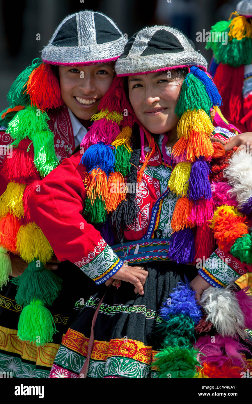 Women performers dressed in colourful Peruvian costumes at Plaza de ...