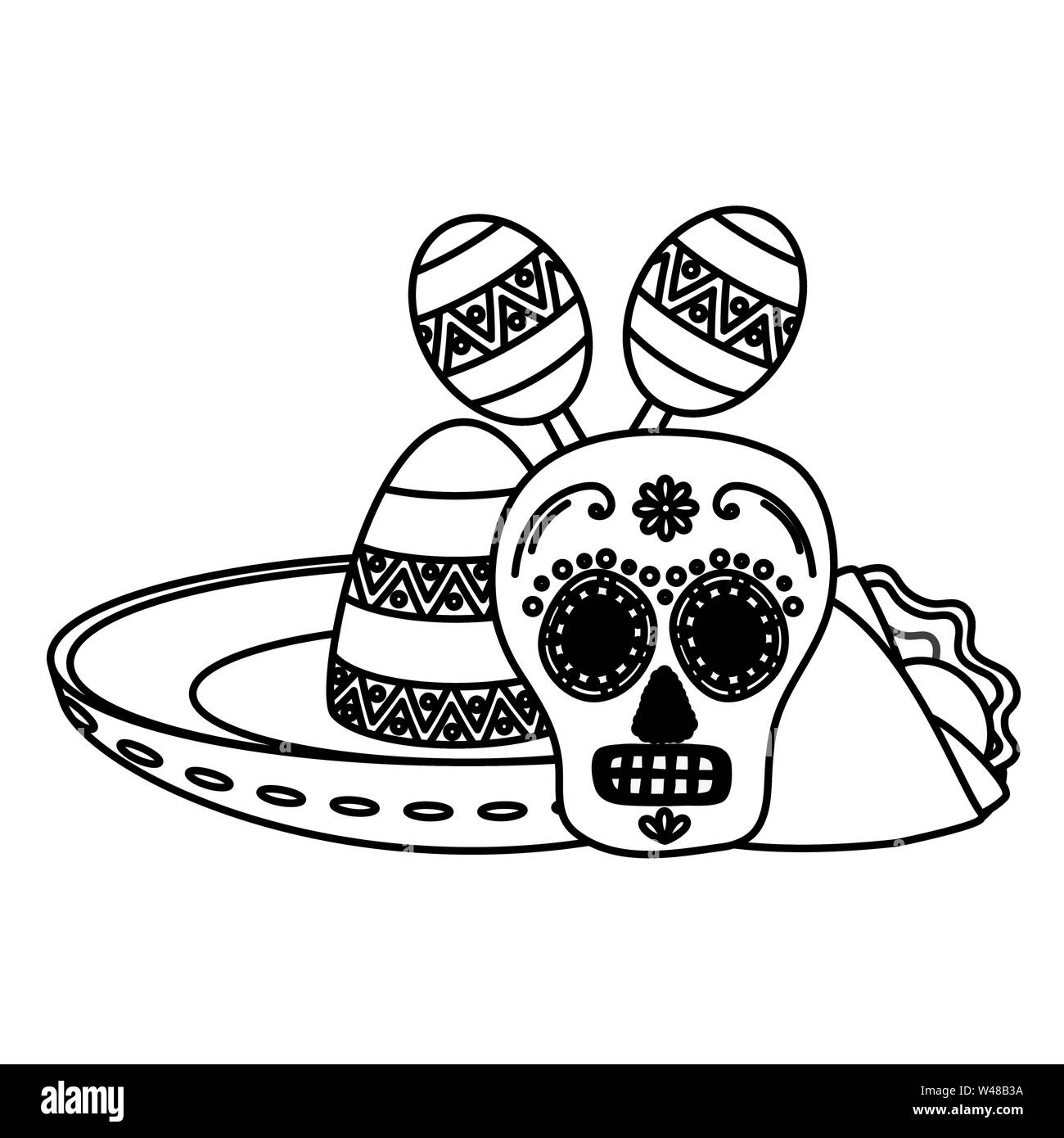 day of the dead skull mask with mexican hat and maracas Stock Vector ...
