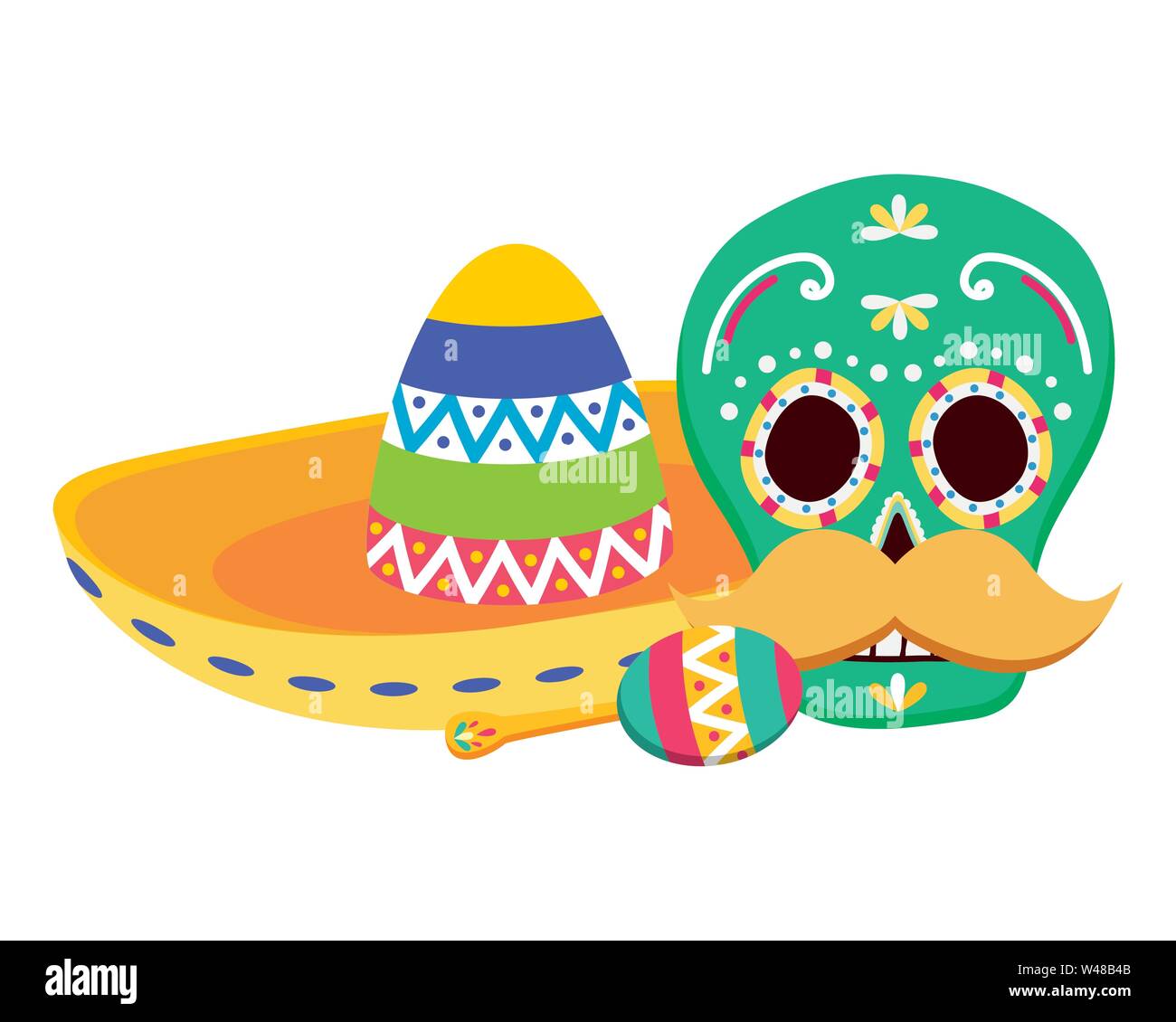 day of the dead skull mask with mexican hat and maracas Stock Vector ...