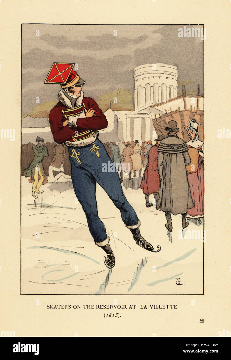 Lancer and gentlemen ice skating on the Bassin de la Villette, Paris, 1813. Skaters on the reservoir at La Villette, Soldier in uniform of the Polish lancers of the Imperial Guard with czapka headdress.  Handcoloured lithograph by R.V. after an illustration by Francois Courboin from Octave Uzanne’s Fashion in Paris, William Heinemann, London, 1898. Stock Photo