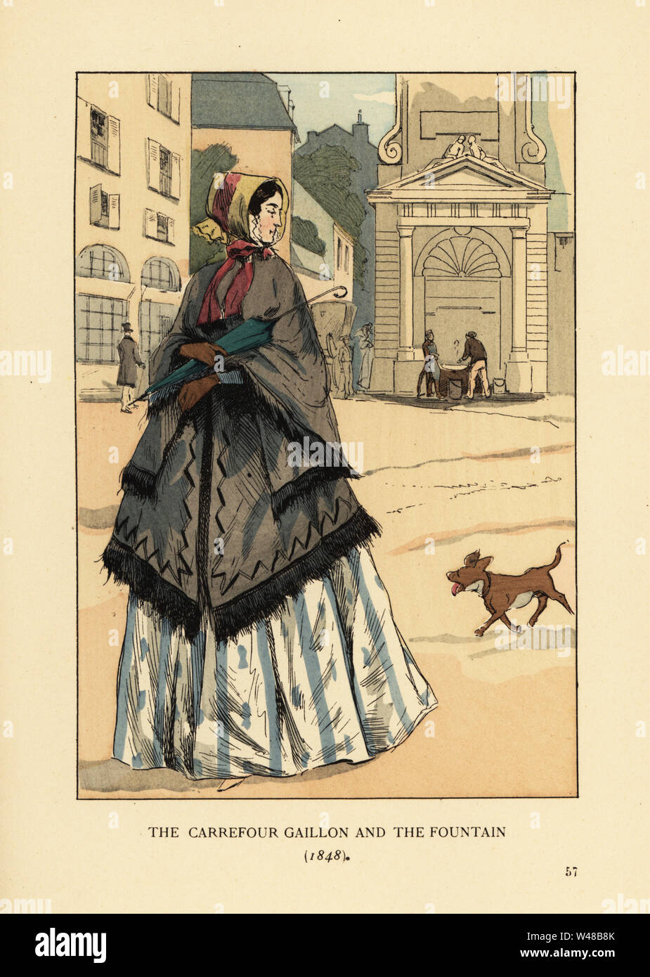Woman in front of the fountain at Place Gaillon, Paris. She wears a cashmere shawl with arm holes called la visite over her crinoline. The carrefour Gaillon and the fountain, 1848. Handcoloured lithograph by R.V. after an illustration by Francois Courboin from Octave Uzanne’s Fashion in Paris, William Heinemann, London, 1898. Stock Photo
