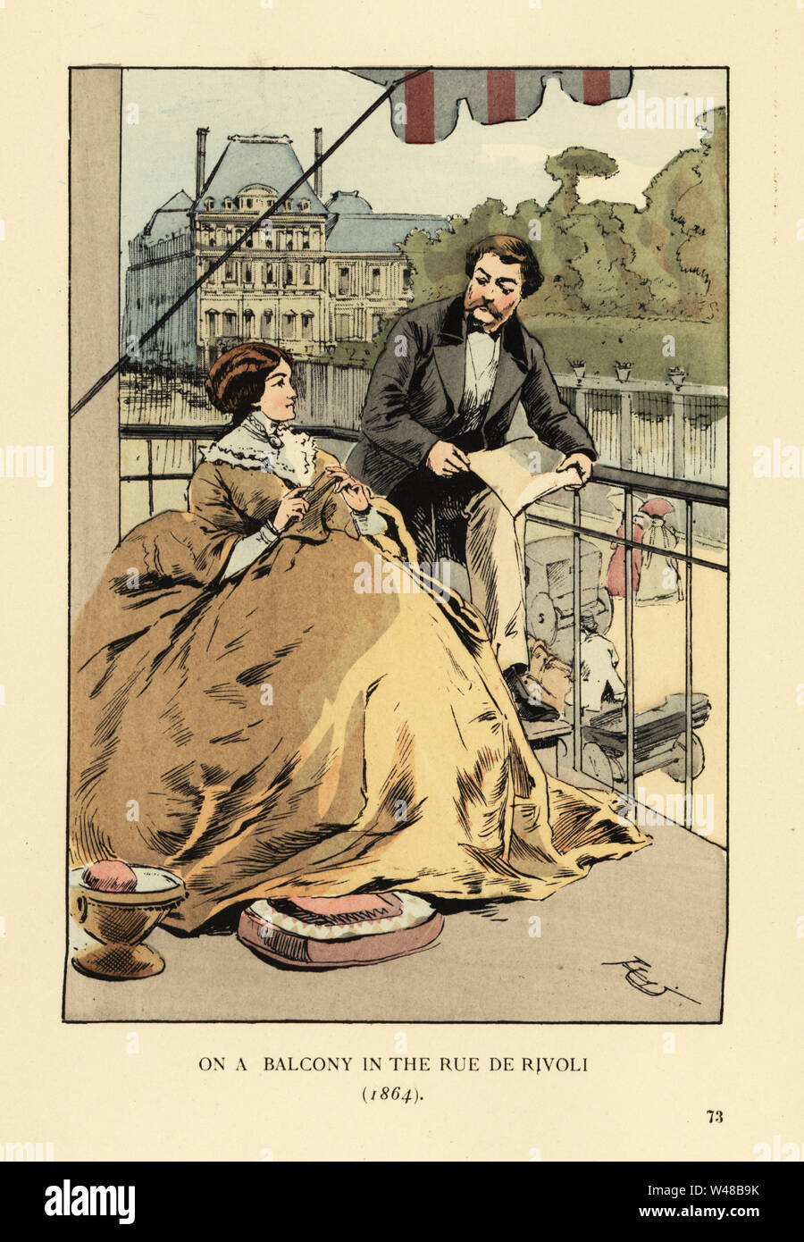 On a balcony in the rue de Rivoli, Paris, 1864. Woman with mustard crinoline dress with pelerine. The Louvre and Jardin des Tuileries across the street. Handcoloured lithograph by R.V. after an illustration by Francois Courboin from Octave Uzanne’s Fashion in Paris, William Heinemann, London, 1898. Stock Photo