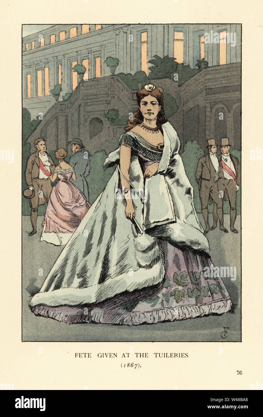 Fete given at the Tuileries, 1867. Woman in crinoline ball gown and fur cape, men in evening attire with sash. The Gala soirée of 10 June 1867 was held for sovereigns attending the International Exposition. Handcoloured lithograph by R.V. after an illustration by Francois Courboin from Octave Uzanne’s Fashion in Paris, William Heinemann, London, 1898. Stock Photo