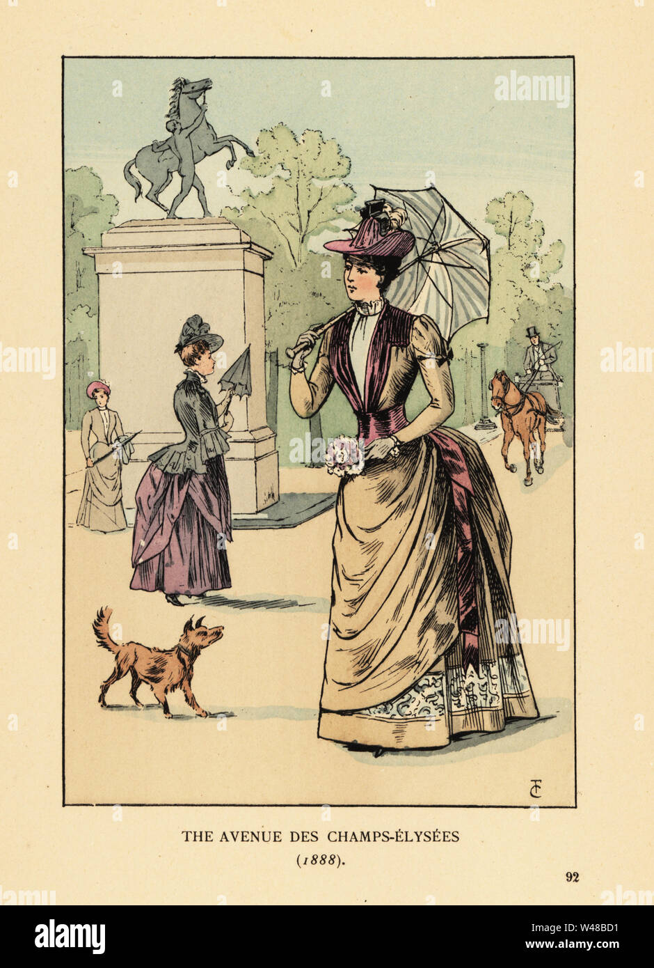 Fashionable woman on the avenue des Champs-Elysees, 1888. She wears a hat,  dress with bustle, and carries a parasol and bouquet. Marly Horse statue  behind. Handcoloured lithograph by R.V. after an illustration